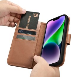 ICarer Wallet Case 2in1 etui iPhone 14 Plus skórzany pokrowiec z klapką Anti-RFID brązowy (WMI14220727-BN)