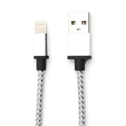 OMEGA FABRIC CABLE KABEL BRAIDED LIGHTNING TO USB 2A POLYBAG 1M NEW SILVER [44823]