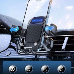 Uchwyt samochodowy automatyczny z panelem solarnym na telefon do kratki samochodu auta USB-C Czarny
