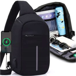 Plecak na jedno ramie męski damski szkolny młodzieżowy miejski mały Czarny Alogy z USB antykradzieżowy