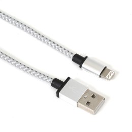 OMEGA FABRIC CABLE KABEL BRAIDED LIGHTNING TO USB 2A POLYBAG 1M NEW SILVER [44823]